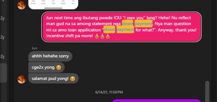 Native Messenger screenshot showing Romeo requesting IOU instead of down payment, followed by Jun acknowledging