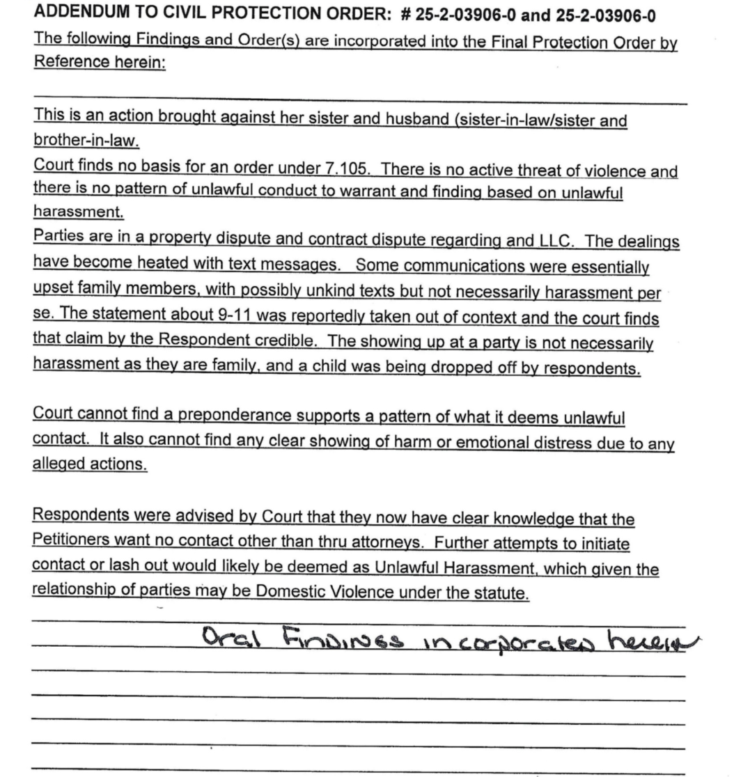 Separately preserved judicial addendum excerpt finding no statutory basis for requested order and cautioning against further unwanted contact