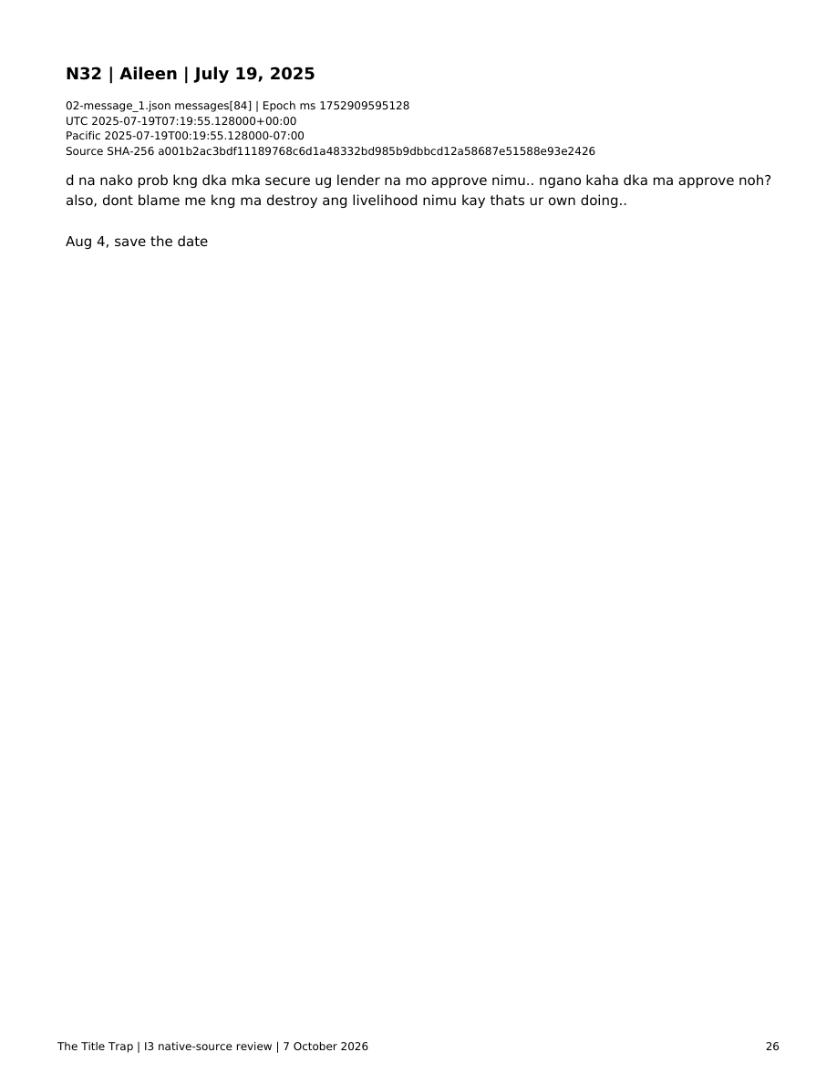 N32: July 19, 00:19:55 PDT. Rendered page 26 of the approved E1-N source-text derivative; not a native-app screenshot.