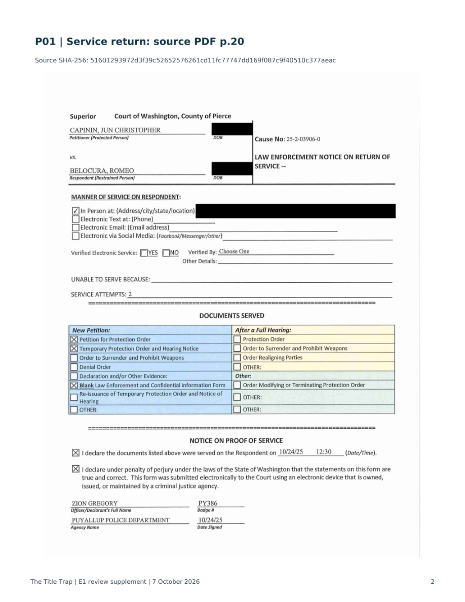 Approved E1-P p. 2 / P01: selected service return; source physical PDF p. 20. Private identifying details retain the original masks.