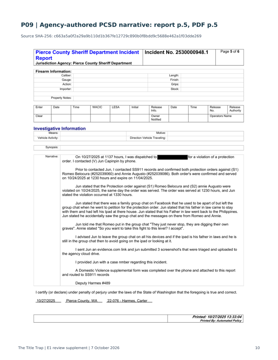 Approved E1-P p. 10 / P09: officer-authored narrative, printed original report p. 5. Address remains masked. The printed page number governs over an older derivative’s p. 6 locator.